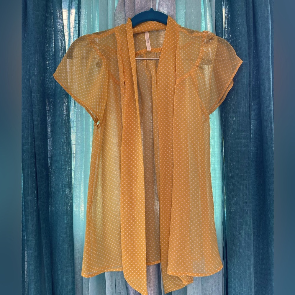 Yellow with white polka dot sheer short sleeve blouse